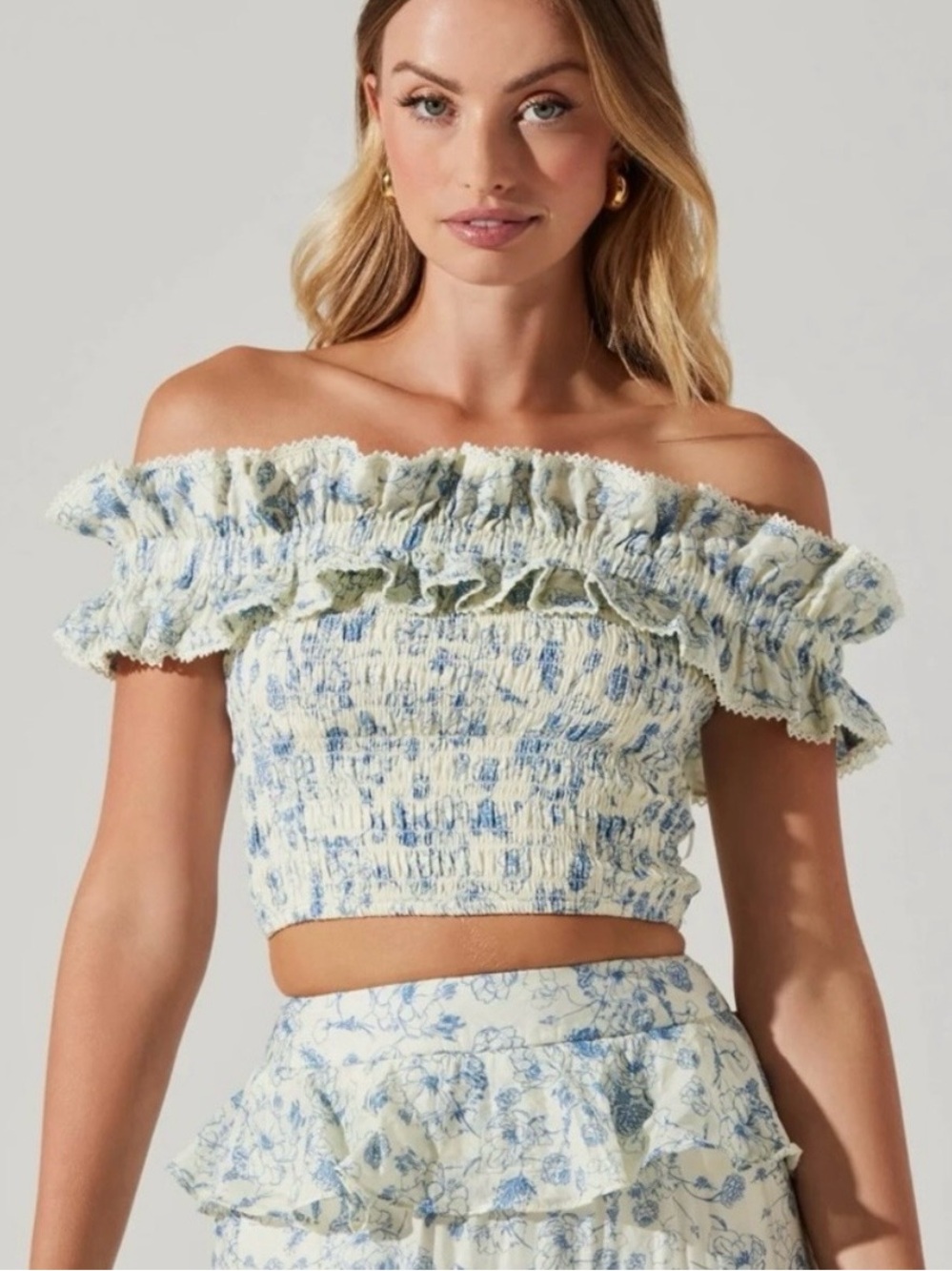 ASTR the label Foufette Off-Shoulder Blue Floral Smocked Crop Top